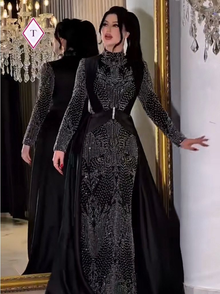 Black Beaded Long Sleeve Gown With High Neck
